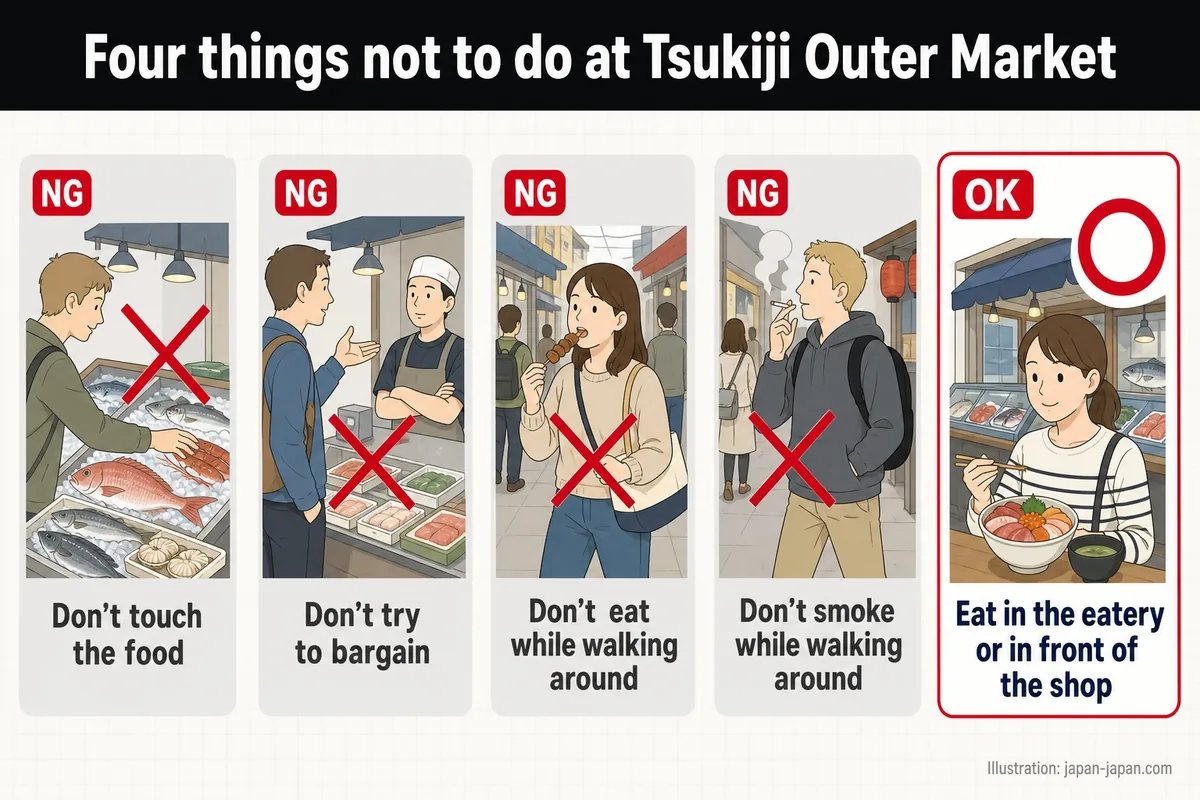 Four things not to do at Tsukiji Outer Market. Don't touch the food. Don't try to bargain. Don't eat while walking around.