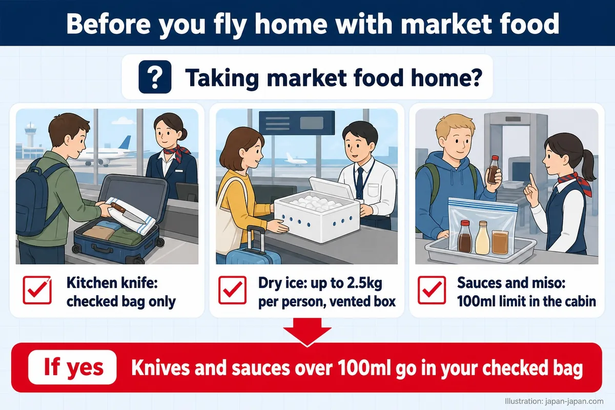 Before you fly home with market food. Taking market food home? Kitchen knife: checked bag only.