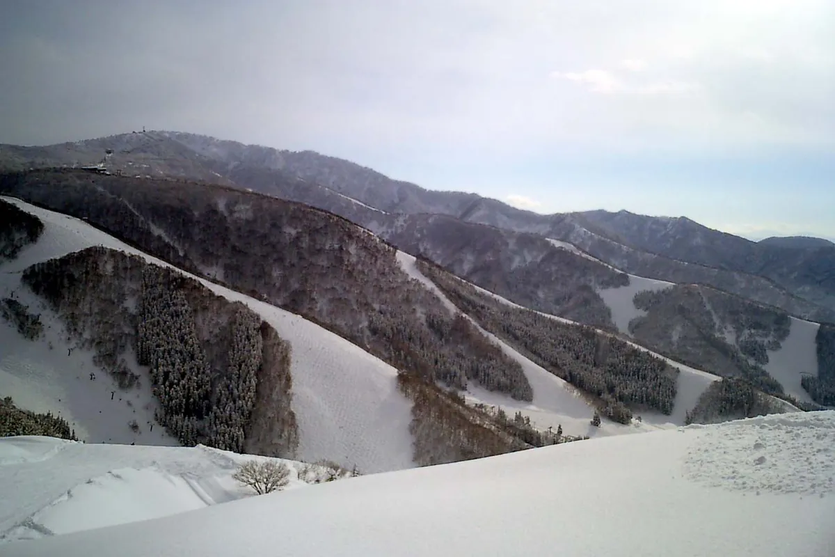 Snow-covered mountain slopes with ski runs and a chairlift at Nozawa Onsen Ski Resort in Nagano