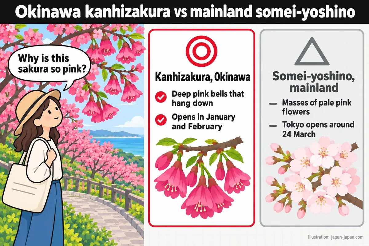 沖縄のカンヒザクラと本州のソメイヨシノの比較。なぜこの桜はこんなにピンク色なのか？カンヒザクラ、沖縄。
