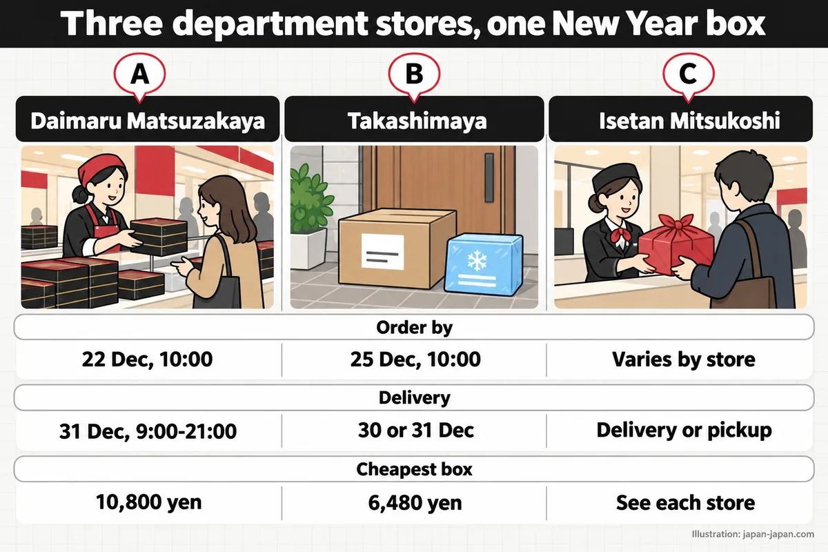 Three department stores, one New Year box. A. Daimaru Matsuzakaya. B. Takashimaya. C. Isetan Mitsukoshi. Order by.