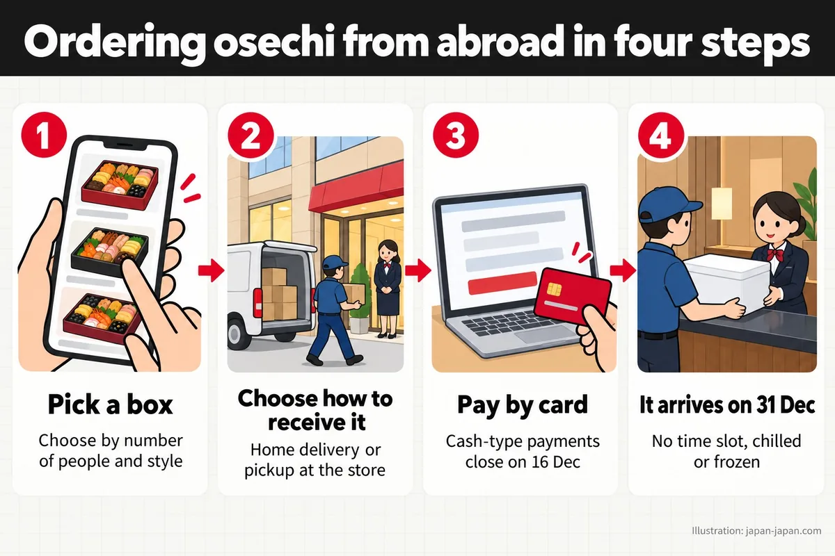 Ordering osechi from abroad in four steps. Pick a box. Choose by number of people and style. Choose how to receive it.