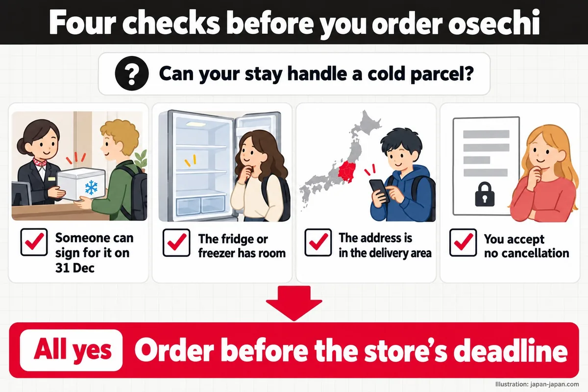 Four checks before you order osechi. Can your stay handle a cold parcel? Someone can sign for it on 31 Dec.