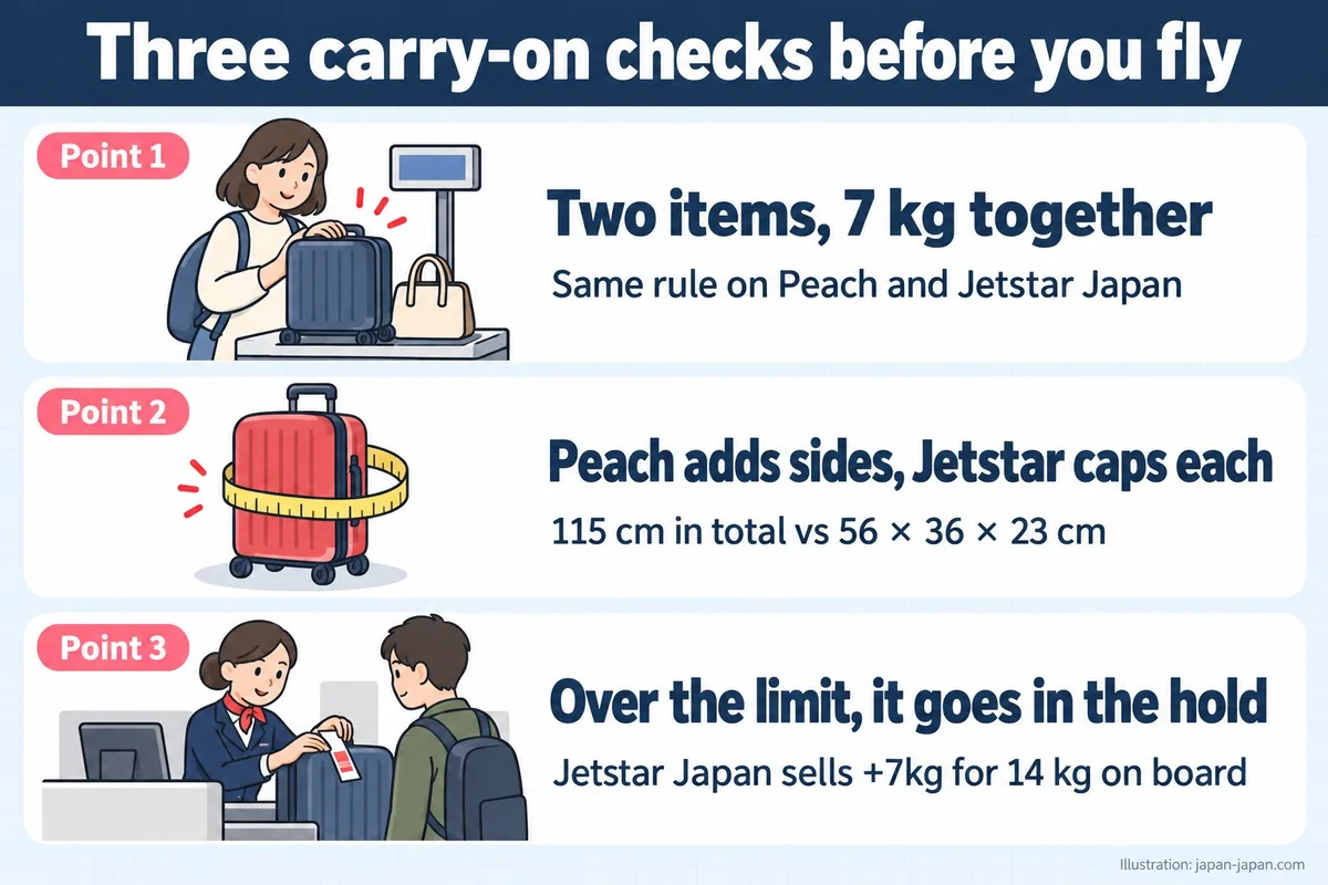 Three carry-on checks before you fly. Point 1. Two items, 7 kg together. Same rule on Peach and Jetstar Japan. Point 2.