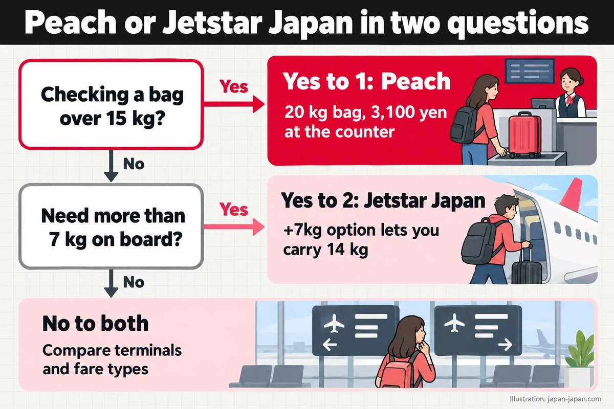 Peach or Jetstar Japan in two questions. Checking a bag over 15 kg? Need more than 7 kg on board? Yes to 1: Peach.
