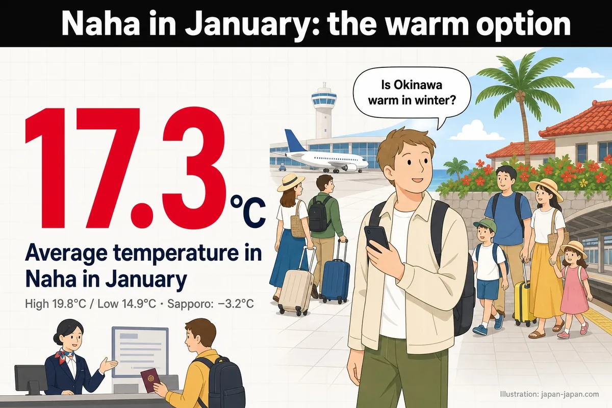 Naha in January: the warm option. 17.3°C. Average temperature in Naha in January.