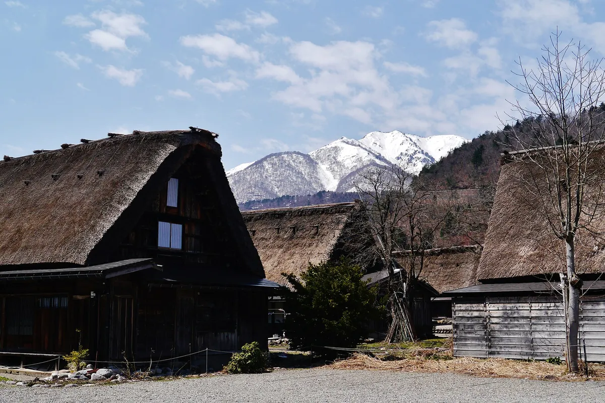 Gassho-zukuri thatched-roof farmhouses in Shirakawa-go with snow-capped mountains in the background