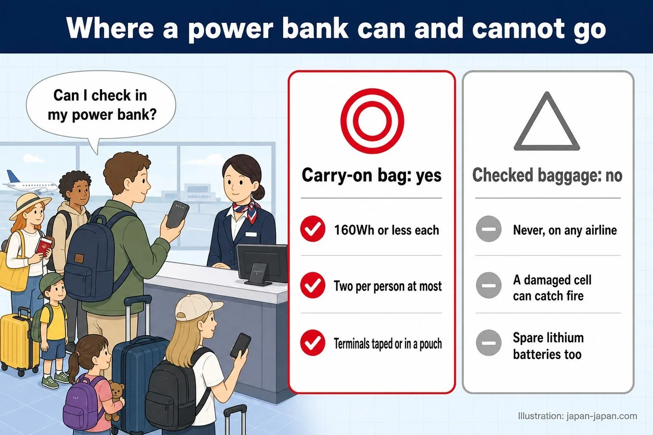 Where a power bank can go on a plane: carry-on yes (160Wh or less, two per person), checked baggage never