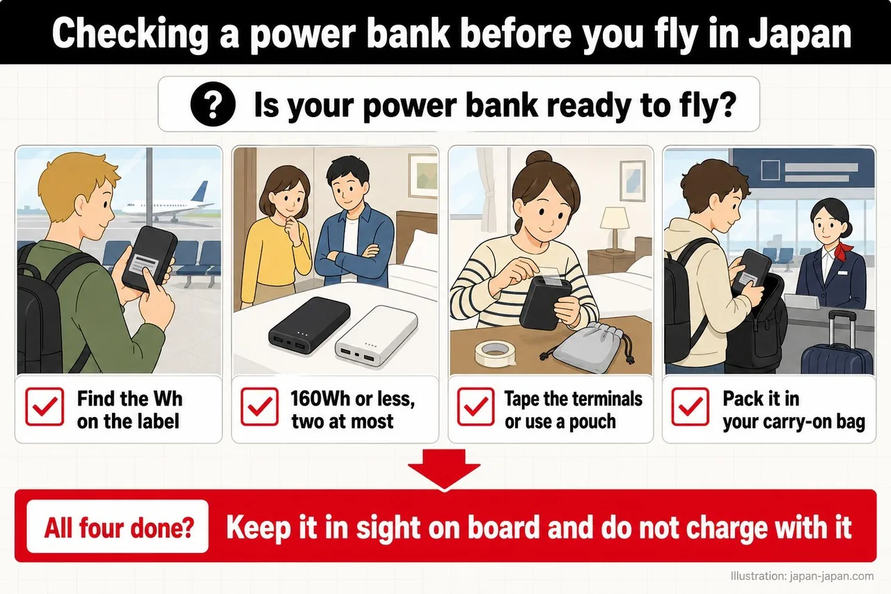 Checklist for a power bank before flying in Japan: find the Wh, two at most, tape the terminals, pack it in your carry-on