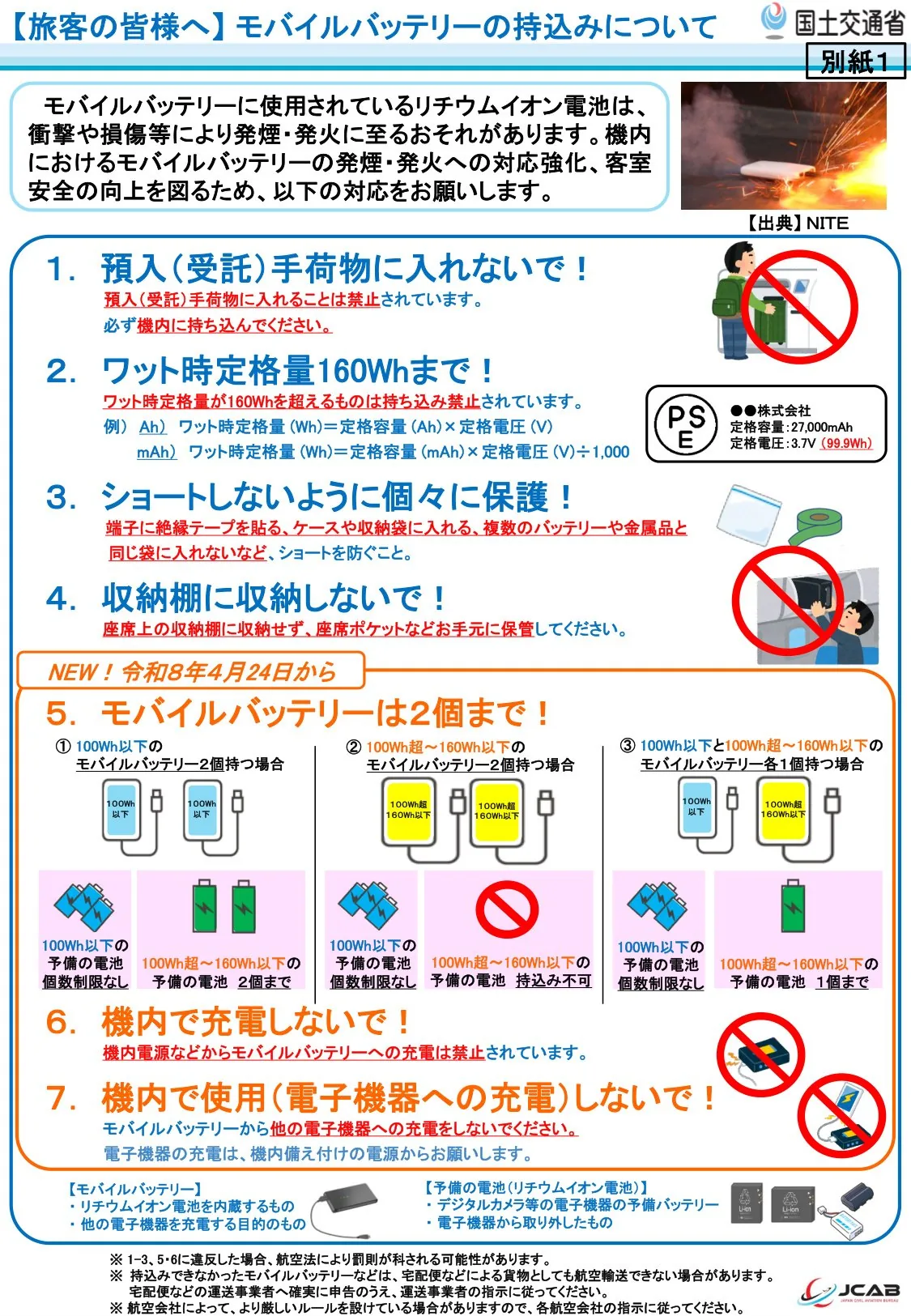 Page from MLIT's press release, in Japanese, on the new power bank rules from 24 April 2026