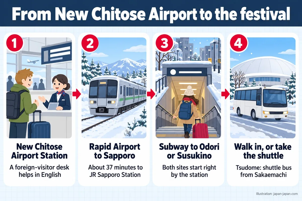From New Chitose Airport to the festival. New Chitose Airport Station. A foreign-visitor desk helps in English.