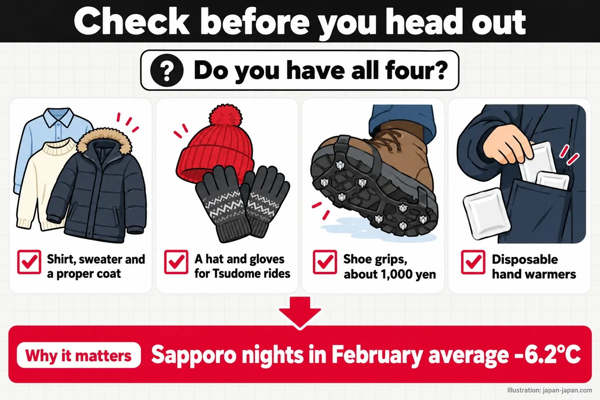 Check before you head out. Do you have all four? Shirt, sweater and a proper coat. A hat and gloves for Tsudome rides.