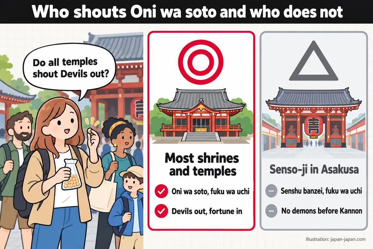 谁喊Oni wa soto，谁不喊。所有寺庙都喊鬼出去吗？大多数神社和寺庙都喊。