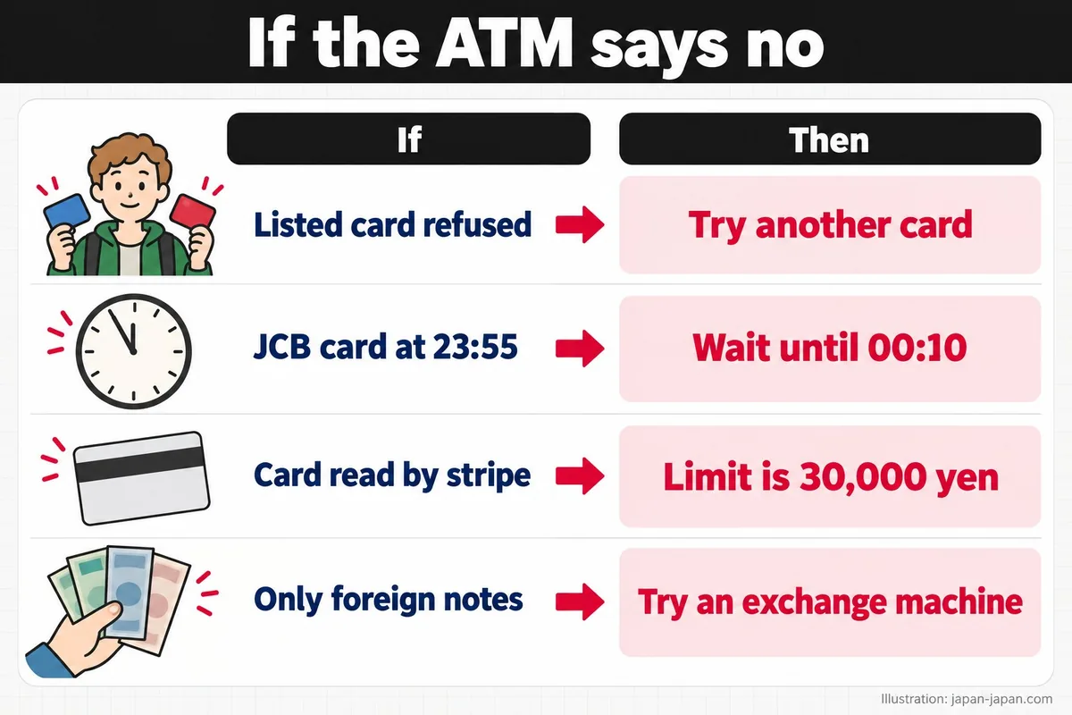 If the ATM says no. If. Then. Listed card refused. Try another card. JCB card at 23:55. Wait until 00:10.