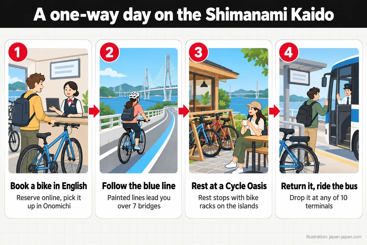 しまなみ海道で片道ライドをする1日。自転車を英語で予約。オンラインで予約し、尾道で受け取る。青い線に沿って進む。