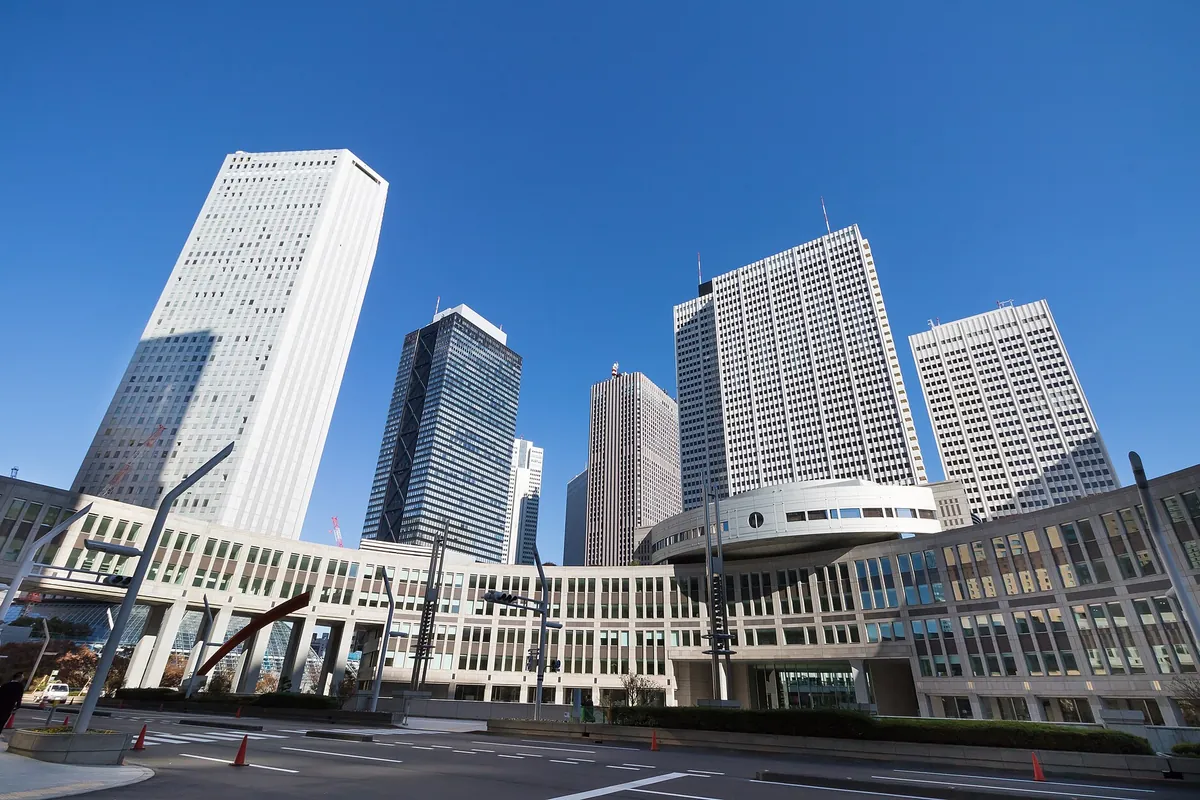 Skyline of tall skyscrapers in the west Shinjuku business district of Tokyo