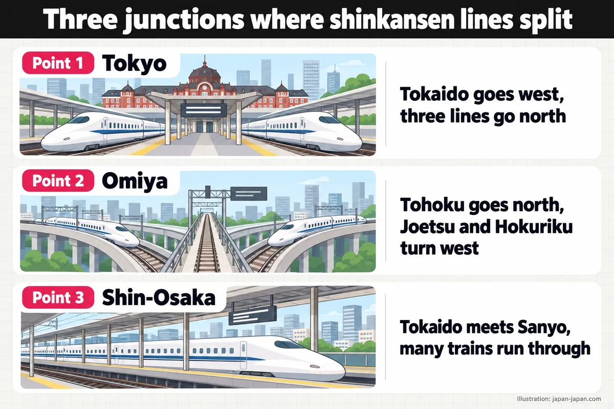 Three junctions where shinkansen lines split. Point 1. Tokyo. Tokaido goes west, three lines go north. Point 2. Omiya.