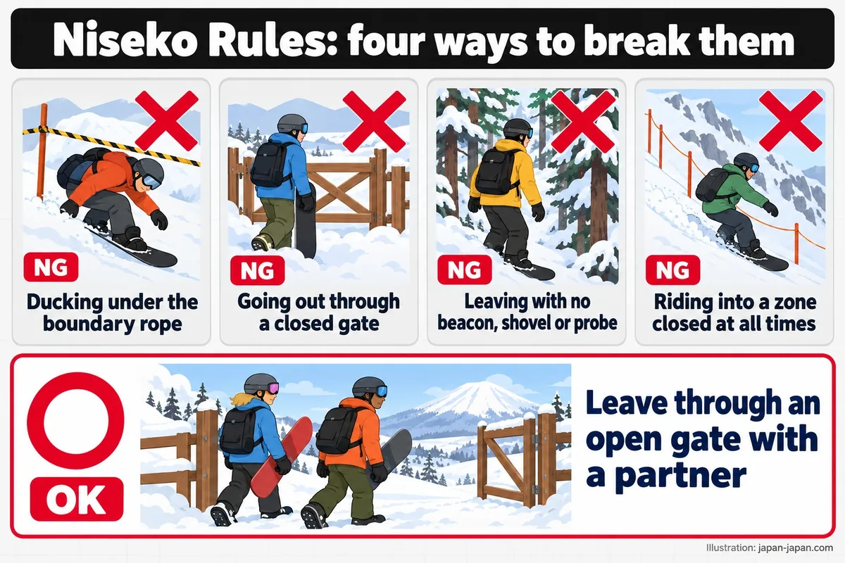 Niseko Rules: four ways to break them. Ducking under the boundary rope. Going out through a closed gate.