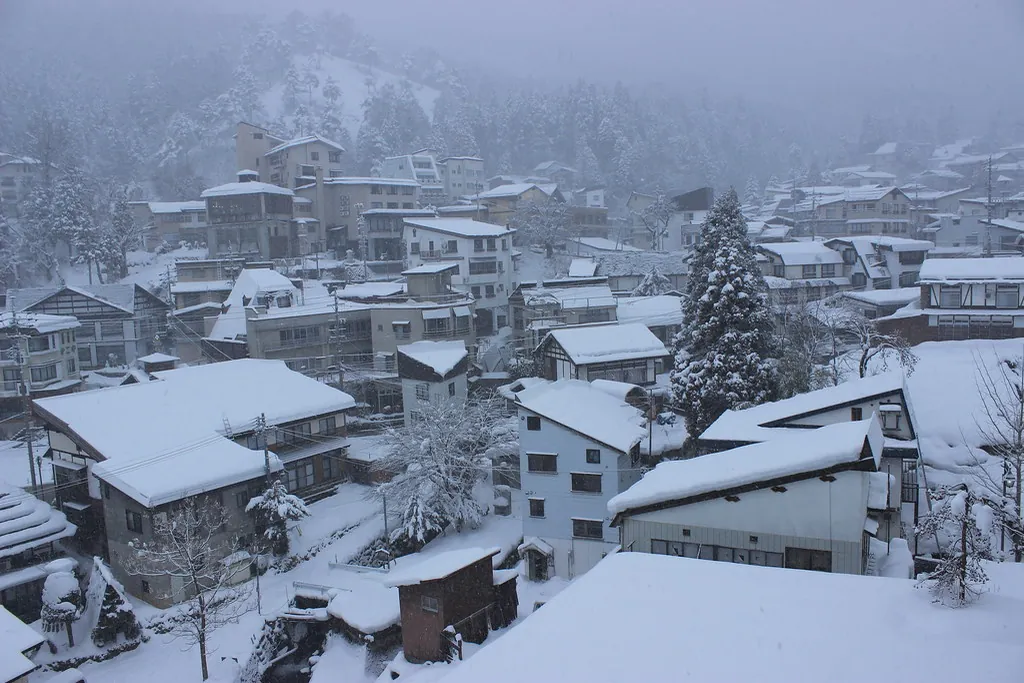 Snow-covered rooftops of Nozawa Onsen hot spring village seen from an elevated viewpoint