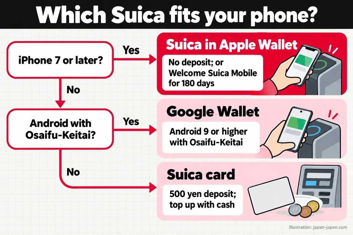 Which Suica fits your phone? iPhone 7 or later? Android with Osaifu-Keitai? Suica in Apple Wallet.