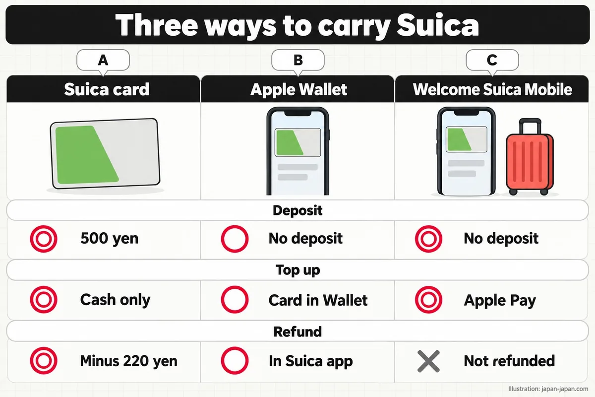 Three ways to carry Suica. A. Suica card. B. Apple Wallet. C. Welcome Suica Mobile. Deposit. 500 yen. No deposit.