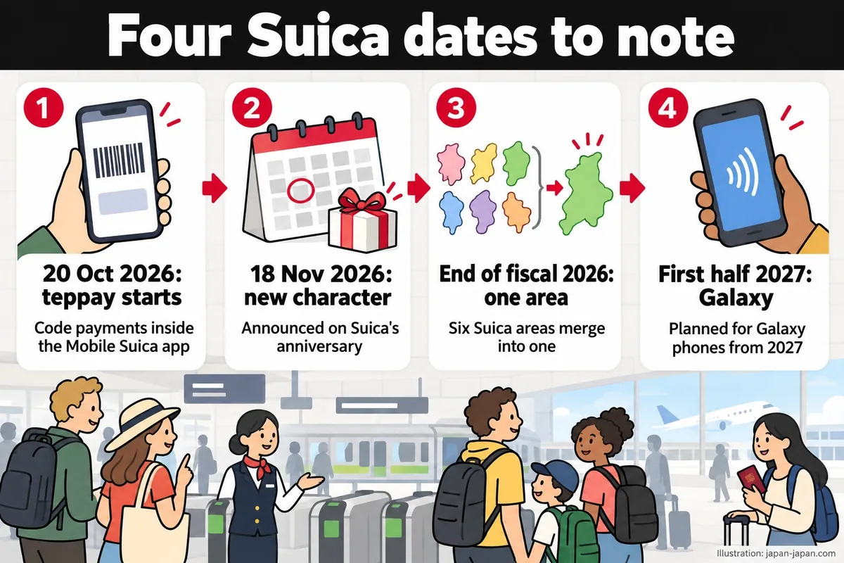 Four Suica dates to note. 20 Oct 2026: teppay starts. Code payments inside the Mobile Suica app. 18 Nov 2026: new character.