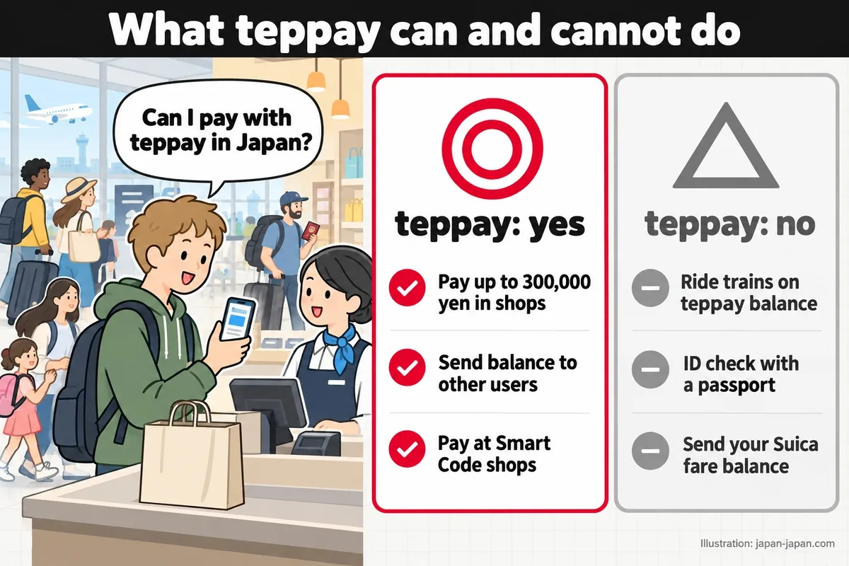 What teppay can and cannot do. Can I pay with teppay in Japan? teppay: yes. Pay up to 300,000 yen in shops.