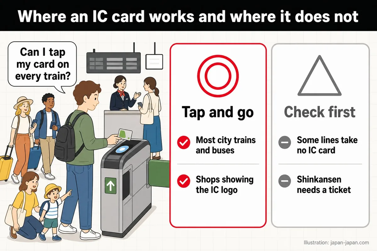 Where an IC card works and where it does not. Can I tap my card on every train? Tap and go. Most city trains and buses.