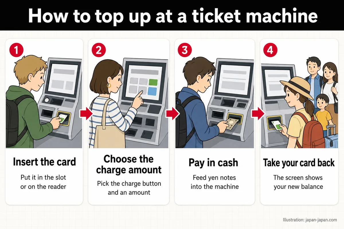 How to top up at a ticket machine. Insert the card. Put it in the slot or on the reader. Choose the charge amount.