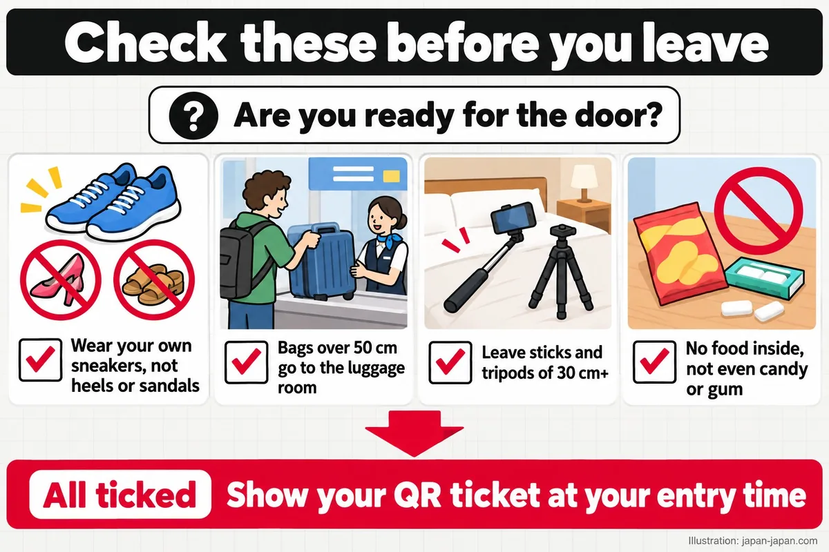 Check these before you leave. Are you ready for the door? Wear your own sneakers, not heels or sandals.