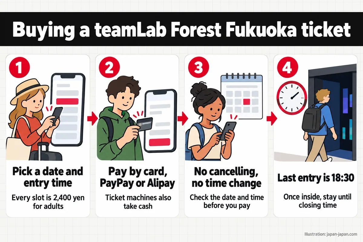 Buying a teamLab Forest Fukuoka ticket. Pick a date and entry time. Every slot is 2,400 yen for adults.