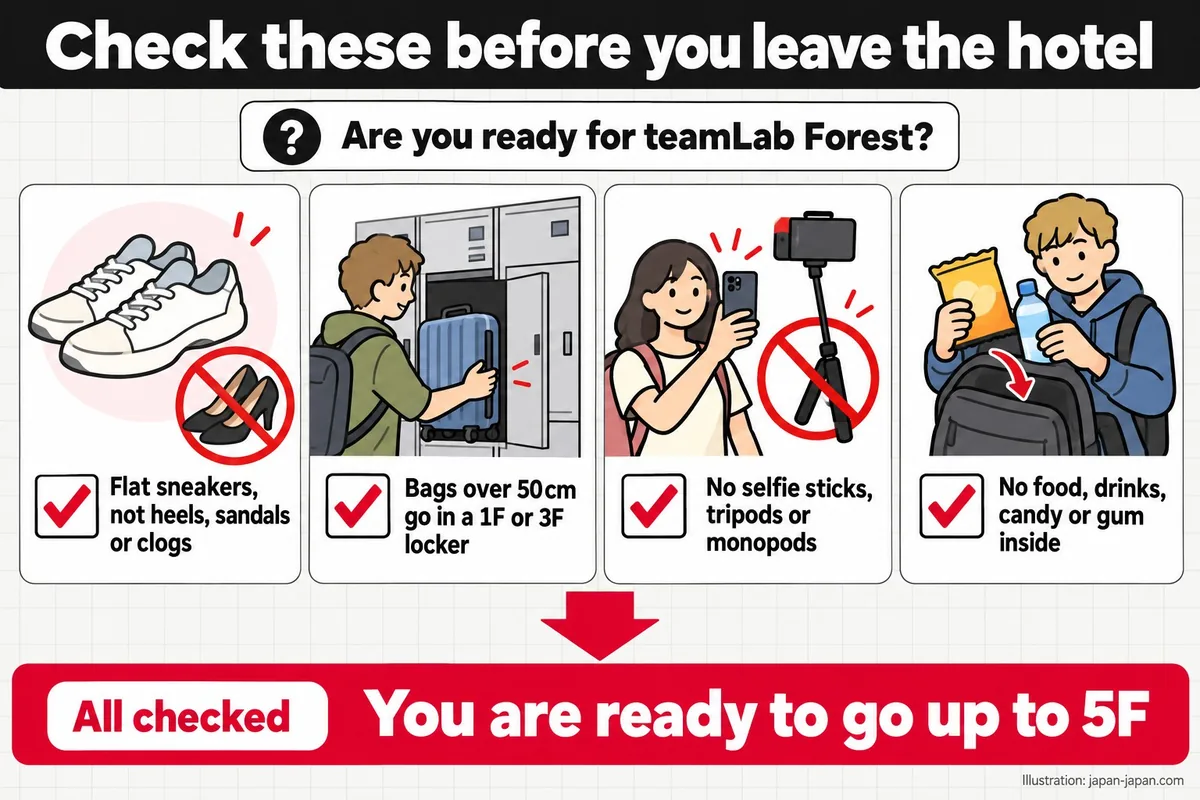 Check these before you leave the hotel. Are you ready for teamLab Forest? Flat sneakers, not heels, sandals or clogs.