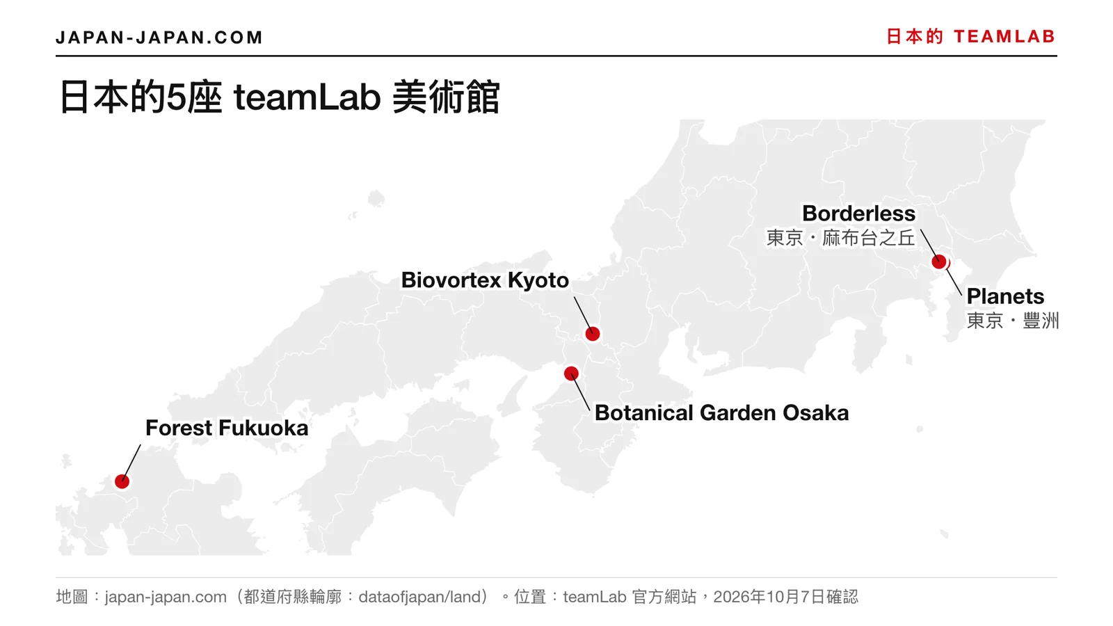 標出五座 teamLab 美術館的日本地圖：東京的 Planets 與 Borderless、京都的 Biovortex、大阪的 Botanical Garden、F