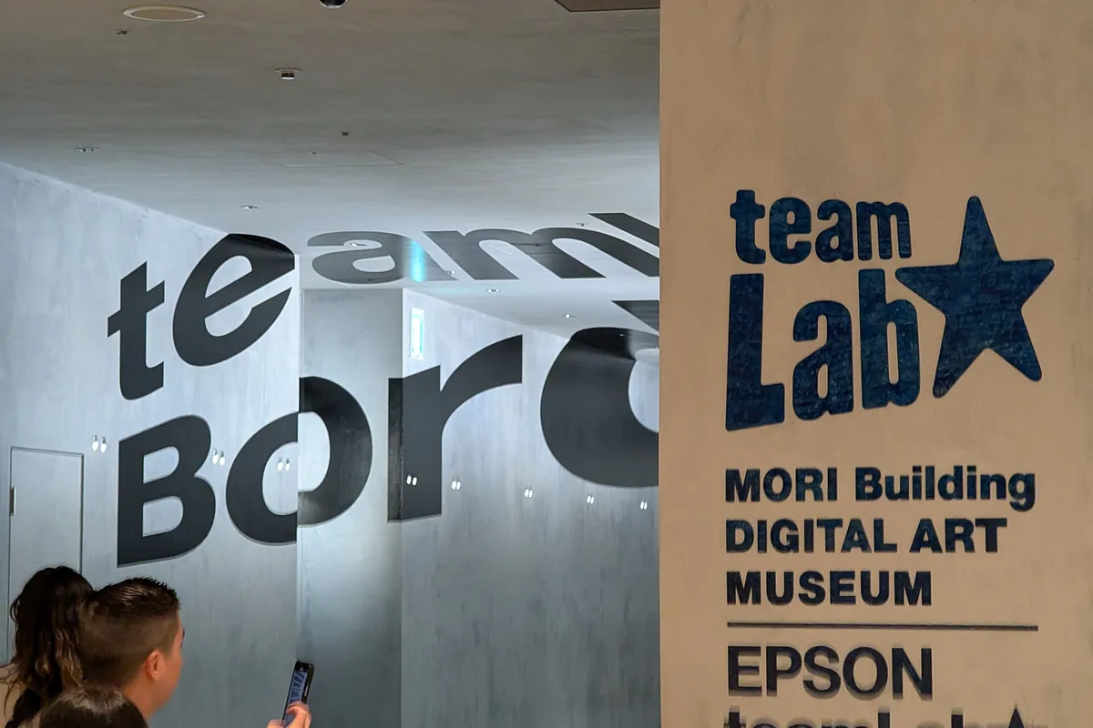 Gray concrete wall with large teamLab Borderless lettering beside a MORI Building Digital Art Museum sign