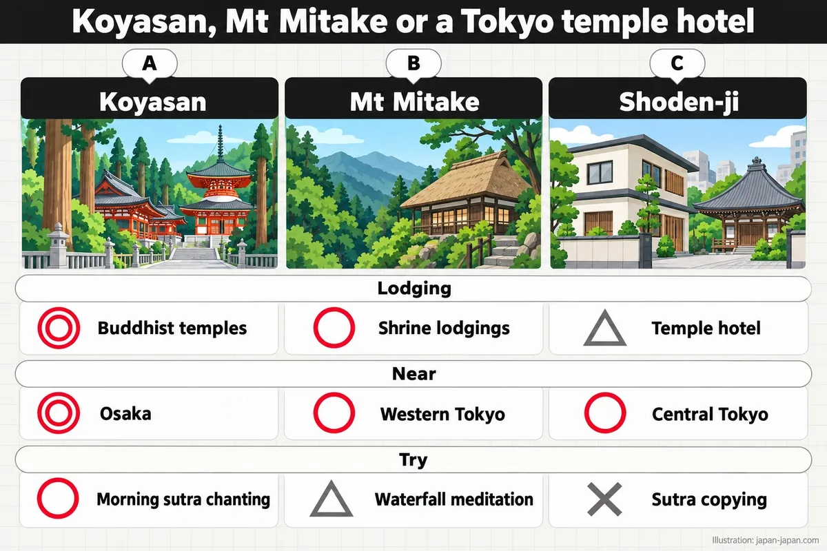 高野山、御岳山、東京の寺院ホテルの比較。A.高野山。B.御岳山。C.Shoden-ji。宿泊施設。仏教寺院。