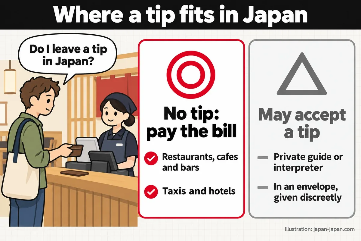 日本でチップが関係する場面。日本でチップは必要？チップ不要：会計を払う。レストラン、カフェ、バー。タクシーとホテル。