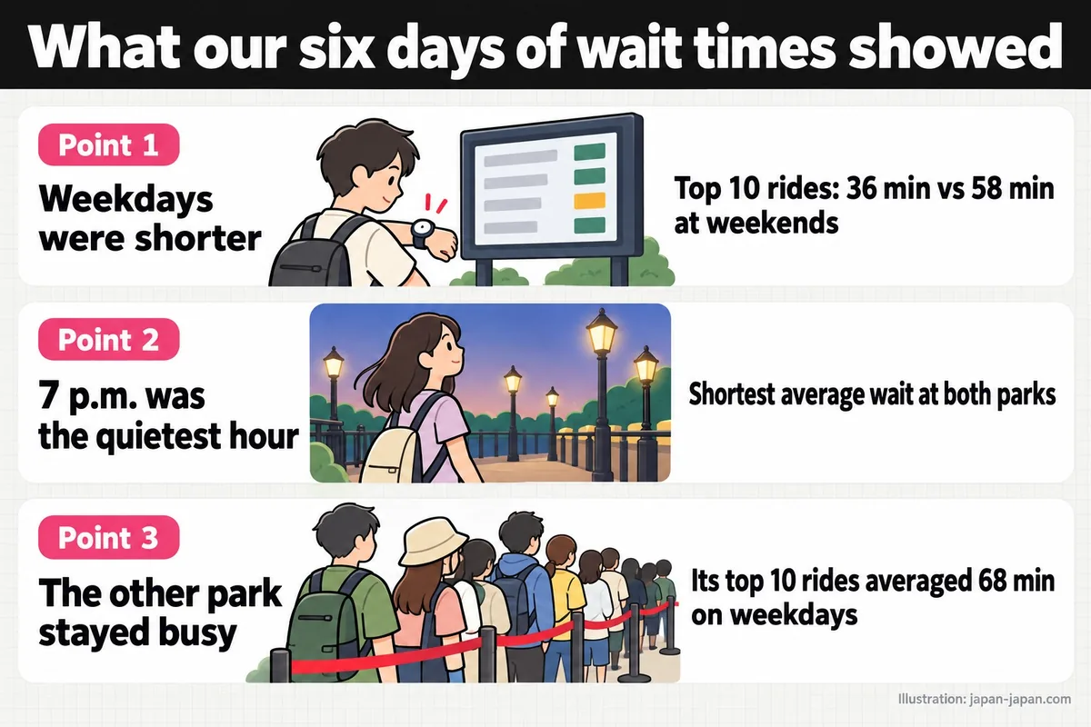 What our six days of wait times showed. Point 1. Weekdays were shorter. Top 10 rides: 36 min vs 58 min at weekends. Point 2.