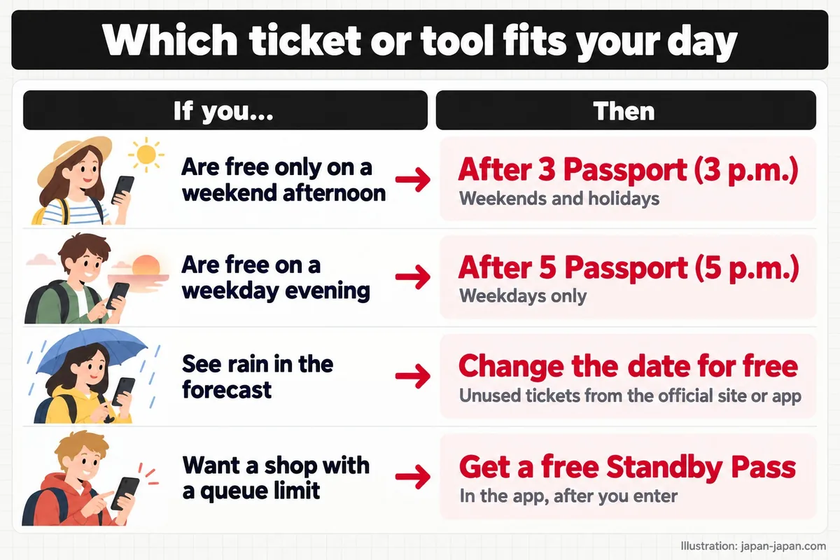 Which ticket or tool fits your day. If you…. Then. Are free only on a weekend afternoon. After 3 Passport (3 p.m.).