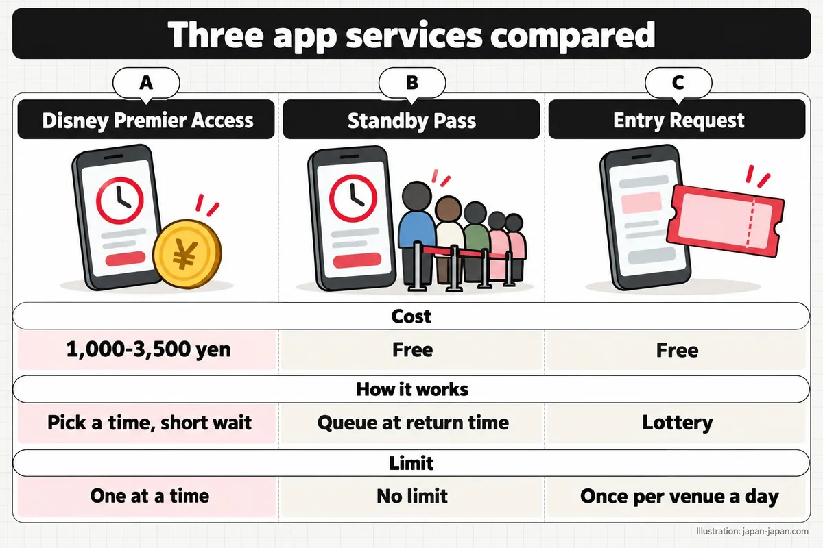 Three app services compared. A. Disney Premier Access. B. Standby Pass. C. Entry Request. Cost. 1,000-3,500 yen. Free. Free.