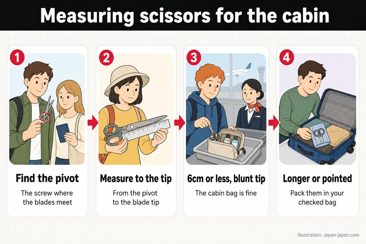 Four steps to measure scissors for the cabin: find the pivot, measure to the tip, 6cm or less with a blunt tip is fine