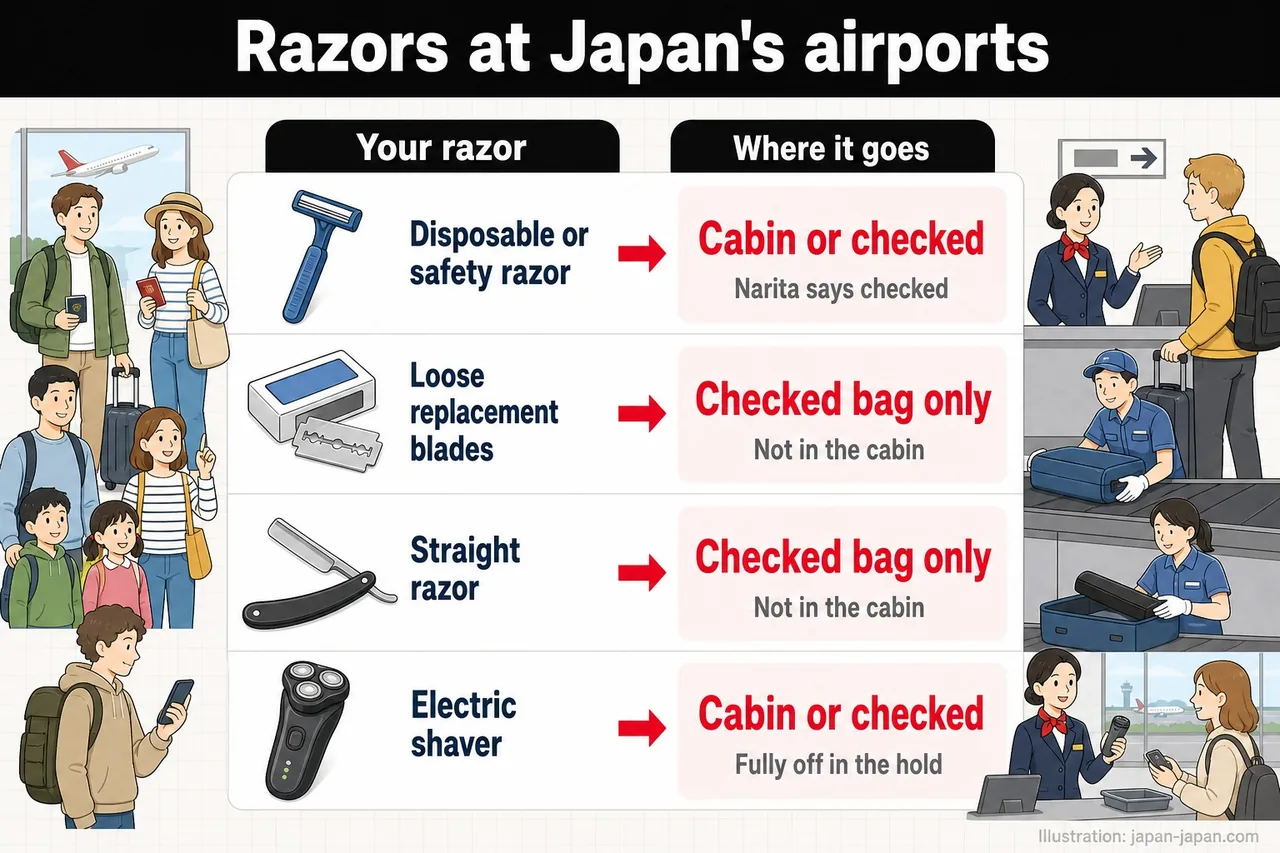 Where razors go at Japan's airports: disposable razors in either bag, loose blades and straight razors in the checked bag