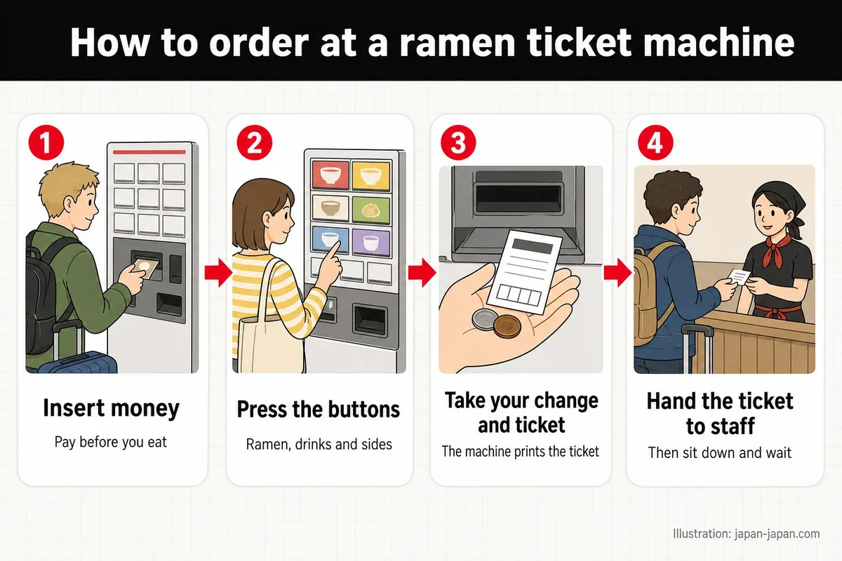 How to order at a ramen ticket machine. Insert money. Pay before you eat. Press the buttons. Ramen, drinks and sides.