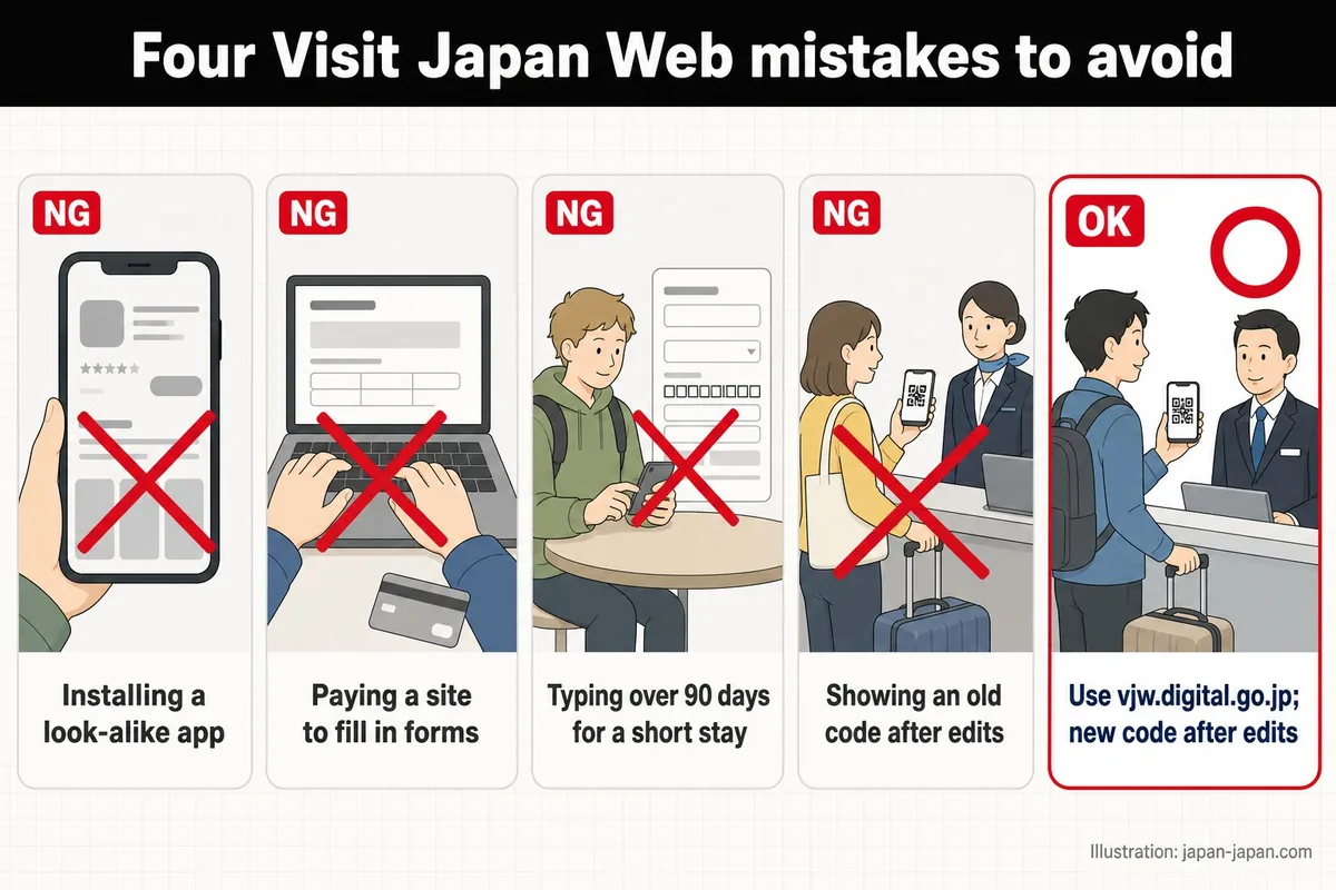 Four Visit Japan Web mistakes to avoid. Installing a look-alike app. Paying a site to fill in forms.