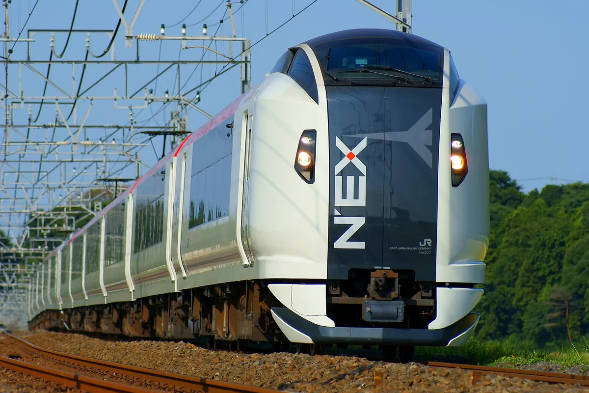 White Narita Express (N'EX) train with a dark front panel and N'EX logo, on a track beside green trees
