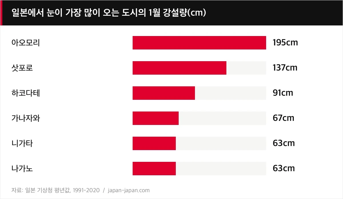일본에서 눈이 가장 많이 오는 도시의 1월 강설량(cm)