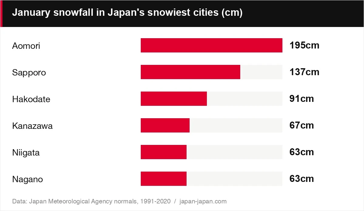 January snowfall in Japan's snowiest cities (cm)